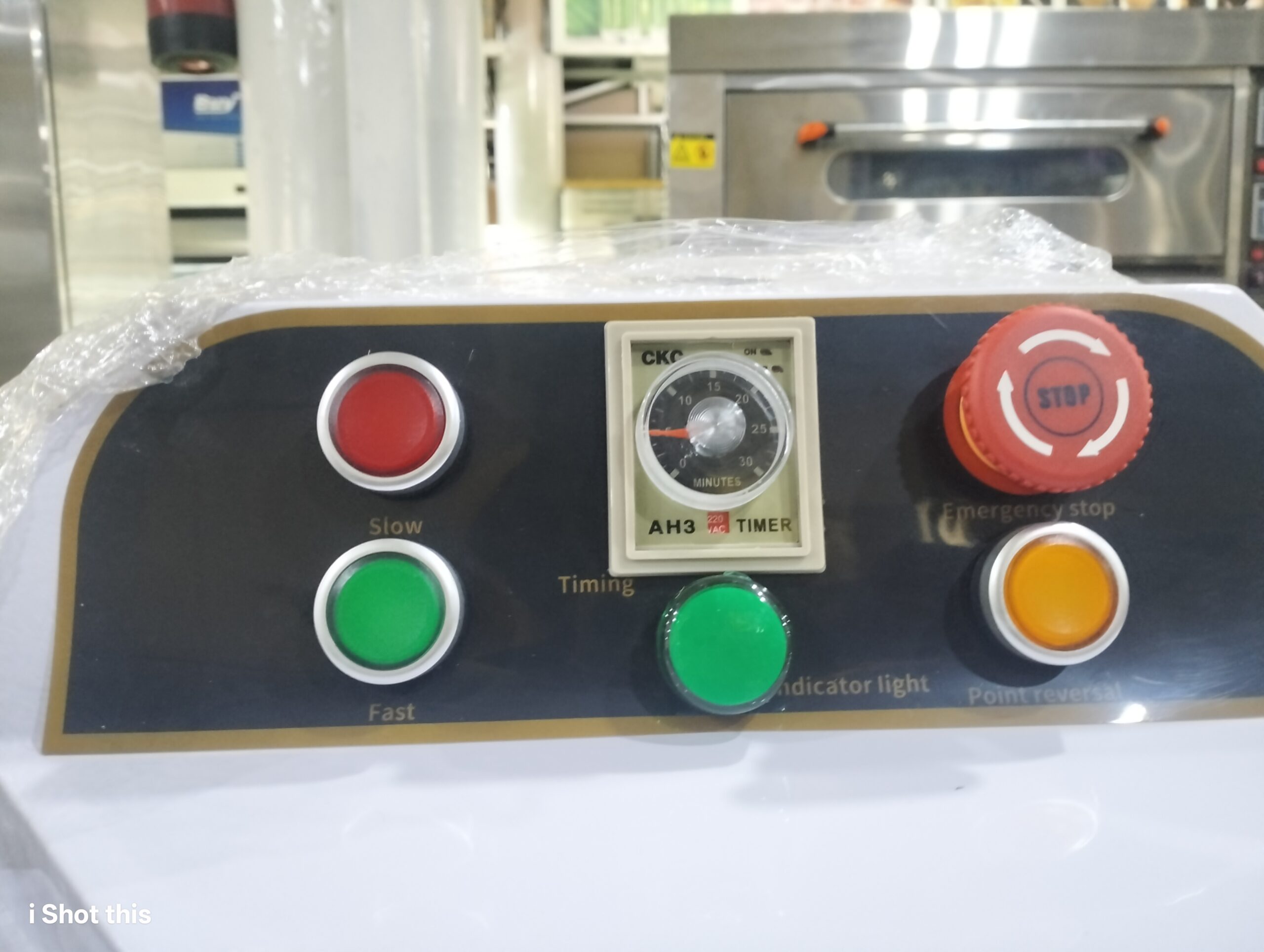 Spiral dough mixer control panel with timer and emergency stop