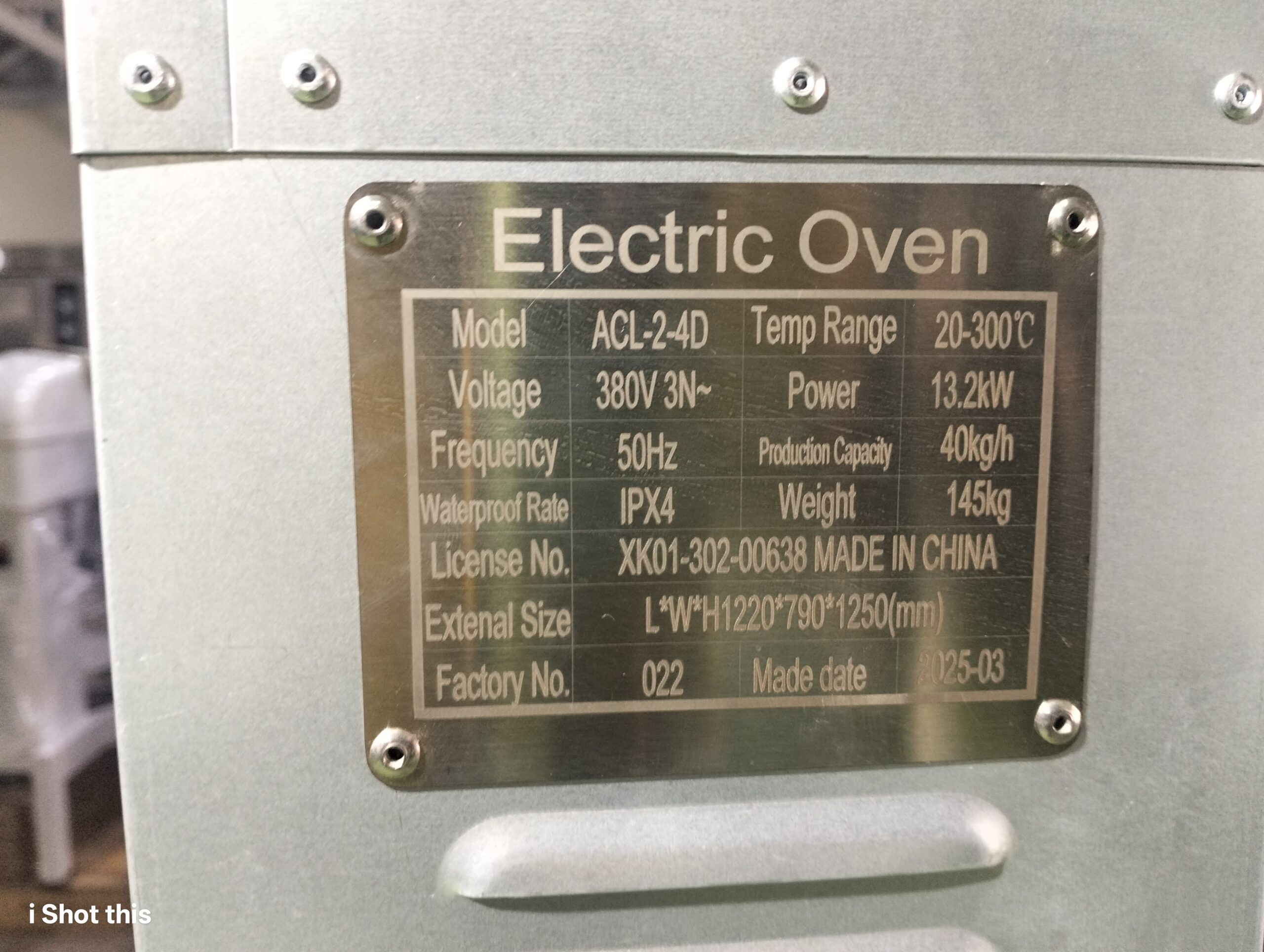 ACL-2-4D electric bakery oven technical specification label